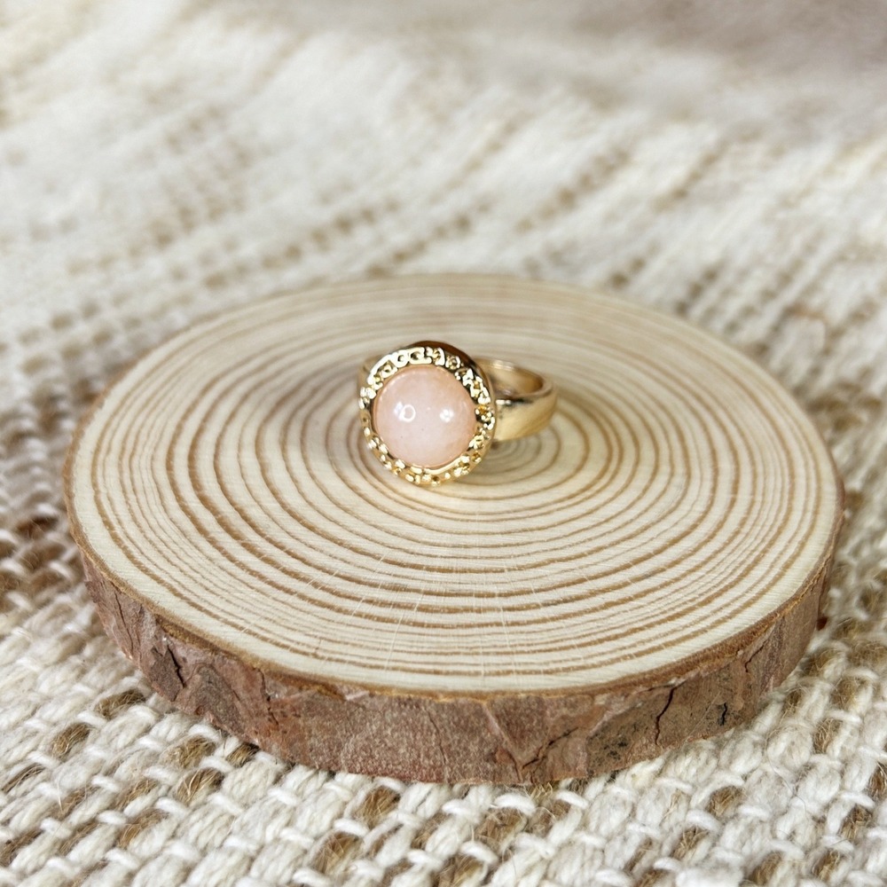 Rose Quartz Gold Tone Ring with Pink Gemstone Round Bezel Boho Everyday Wear